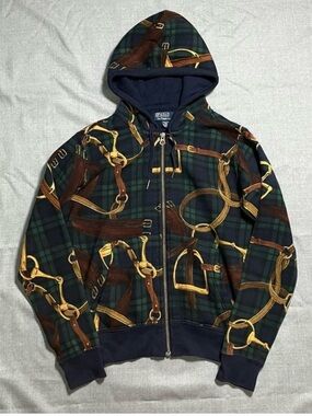 Vintage Polo by Ralph Lauren Navy Zip Hoodie Green and Gold Equestrian Print